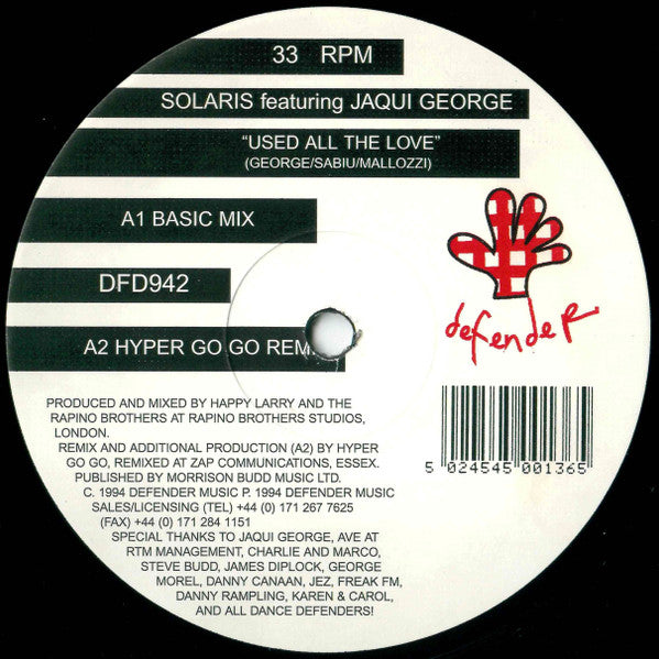 Solaris (20) Featuring Jaqui George* : Used All The Love (12