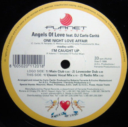 Angels Of Love Feat DJ Carlo Carità* : One Night Love Affair (Medley With I'm Caught Up) (12