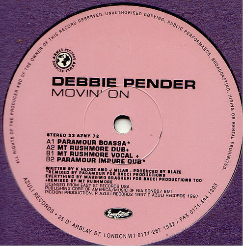 Debbie Pender : Movin' On (Paramour / Mt Rushmore Mixes) (12